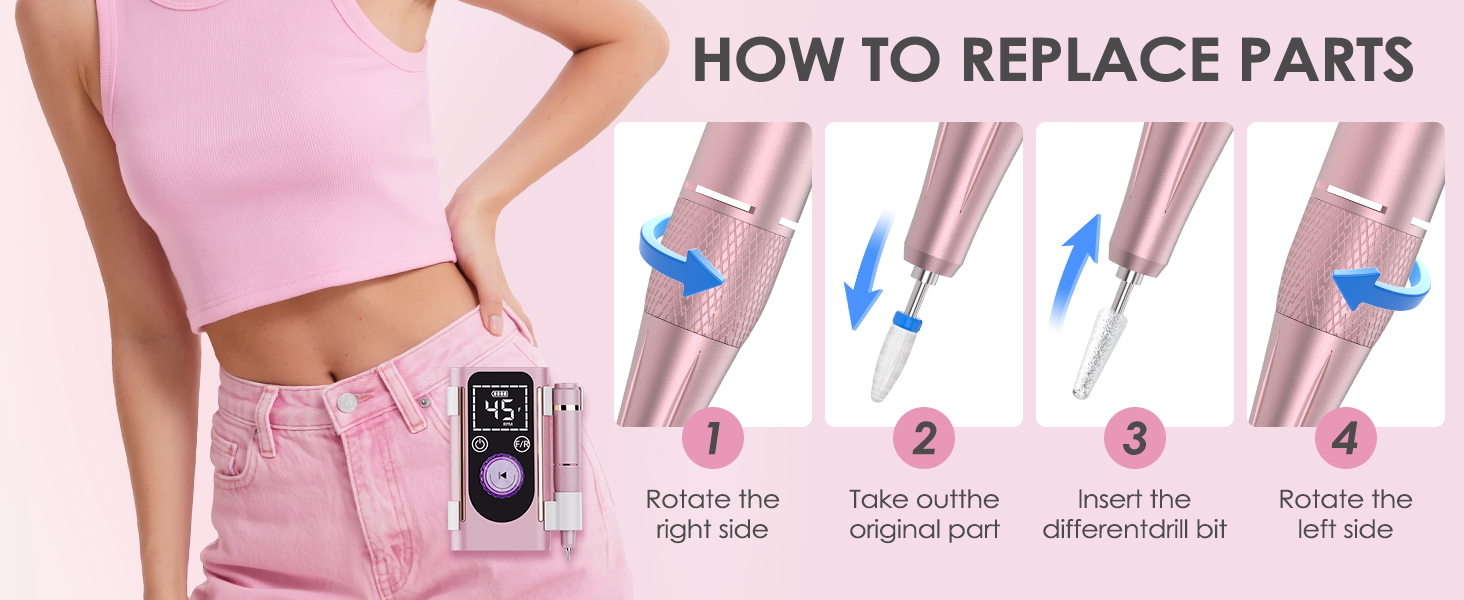 Професійна електрична фрезер для нігтів 45000 RPM, портативна, для манікюру та педикюру, рожева