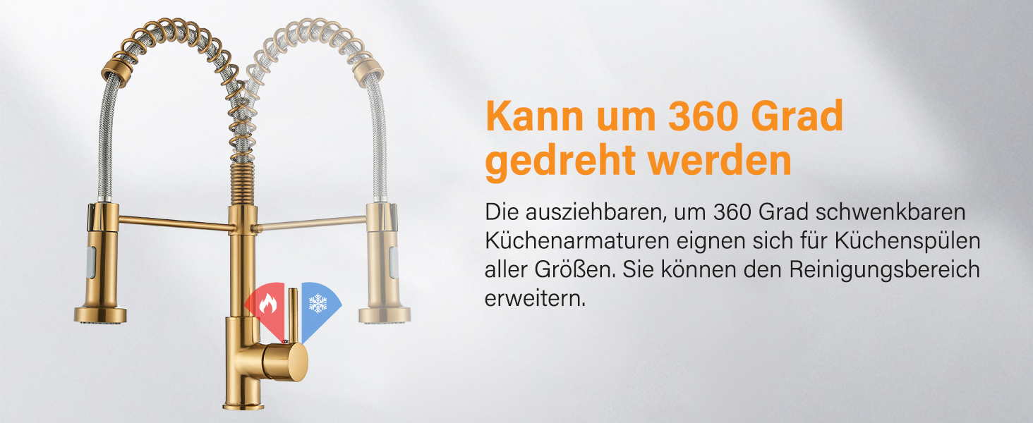 Кухляна змішувач Hbronzeshower з висувною лійкою, 360° обертання, нержавіюча сталь, з душем, для кухні