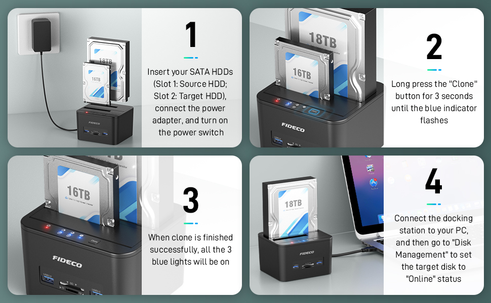 Док-станція для жорстких дисків FIDECO з двома відсіками, USB 3.0, підтримка UASP, TF/SD карт, для HDD/SSD SATA 2.5