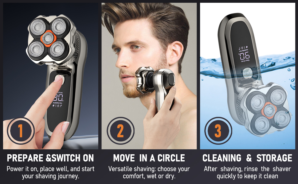 Електричний гоління для чоловіків Glatzen 6-в-1 з тримером для носа, для сухого та вологого гоління, USB-C, LED дисплей, IPX6