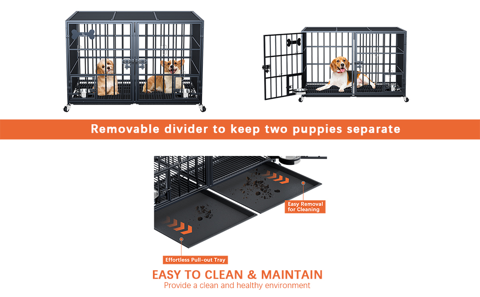 Клітка для собак, переноска для собак з піддоном, клітка-роздільник, клітка-ґратка з 2 дверцятами та піддоном, подвійна клітка 2 в 1 для великих та середніх собак, 107 x 73 x 69 см, чорний L