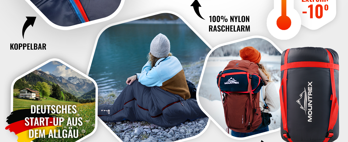 Сплячий мішок MOUNTREX® - компактний та ультралегкий (760г/1500г) - Outdoor (100GSM) / 3-4 сезони (300GSM) - Мумієвидний спальний мішок – кемпінг, подорожі, фестивалі – теплий та з'єднуваний (Темно-синій/Червоний),