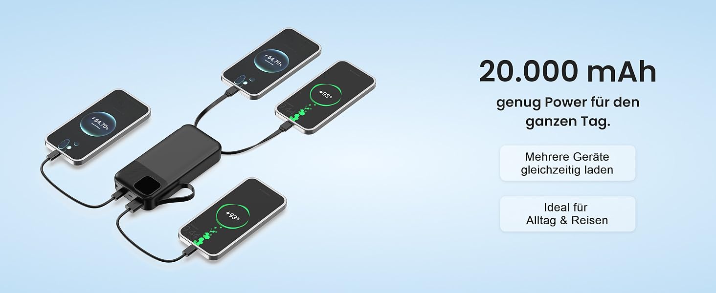 Універсальний зовнішній акумулятор All-IN-ONE Powerbank 10000 mAh чорний: швидка зарядка 22.5W, PD 20W, бездротова зарядка 15W, зарядний пристрій для Apple Watch, вбудовані кабелі USB-C та Lightning, LED-дисплей, алюмінієва підставка