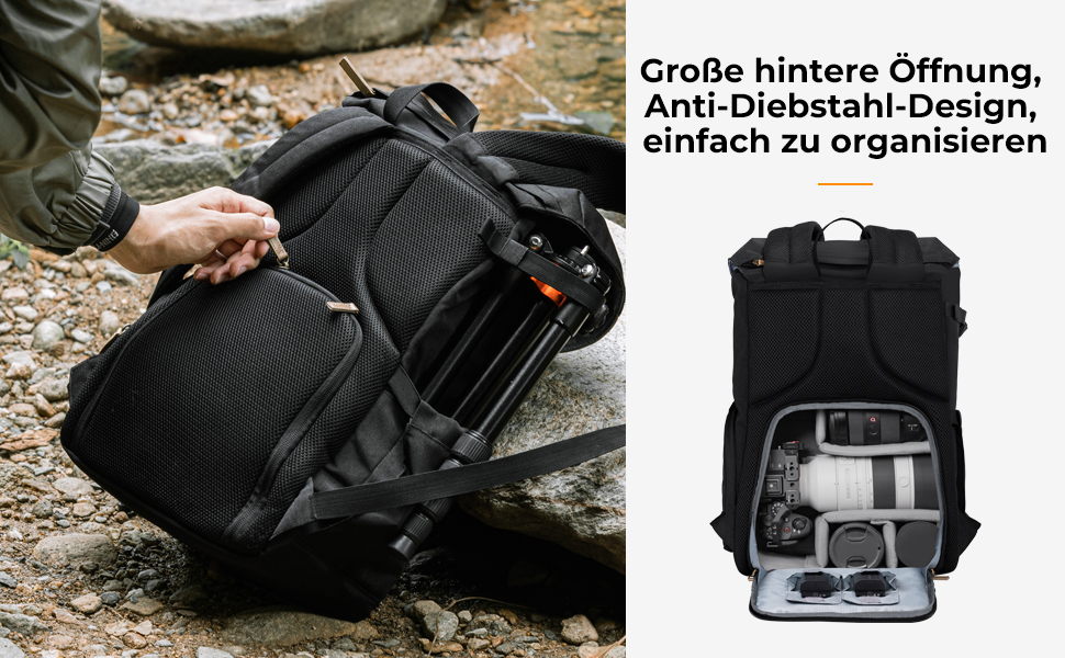 Рюкзак для камери K&F Concept Rolltop 20L: водонепроникний, для Canon, Nikon, Sony, Fujifilm, Olympus, з відділенням для ноутбука 15.6 дюймів (сірий/зелений, чорний)