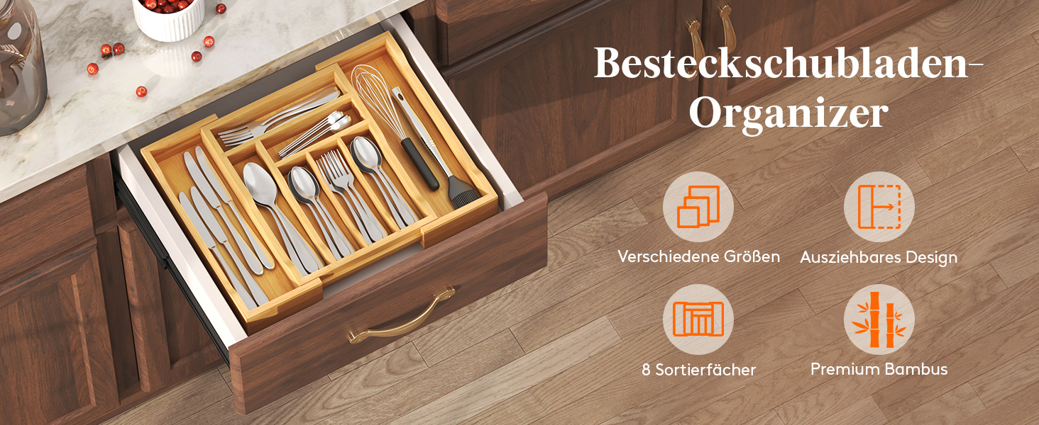 Органайзер для столових приборів Lifewit в шухляду, бамбуковий, 33x25-42x47 см, висувний лоток для ложок, виделок, ножів