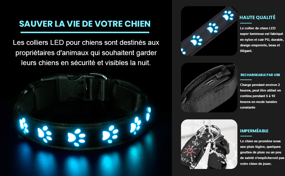 Світловідбиваючий нашийник для собак AUAUY з LED підсвіткою, USB-зарядка, водонепроникний, регульований, для малих, середніх та великих собак, 6 кольорів, Colorful S (30-40 см)