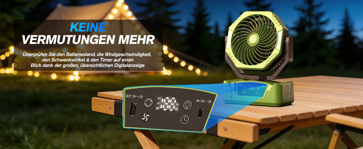 Акумуляторний вентилятор для кемпінгу Kejector 24000mAh з підсвіткою, цифровим дисплеєм та пультом керування, портативний настільний вентилятор (6 швидкостей) для намету, тераси та дому