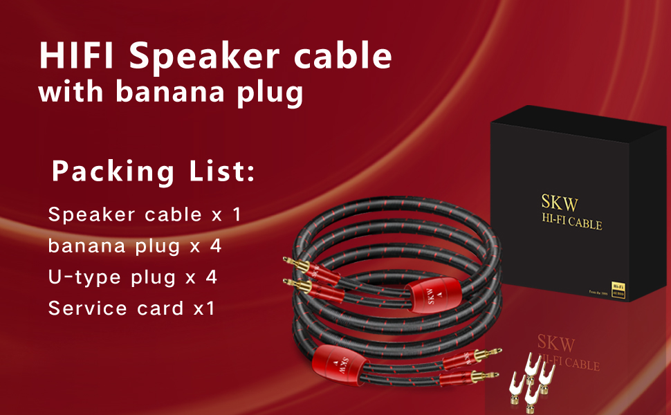 Комплект акустичних кабелів SKW (пара) 14 AWG OFC мідь, екрановані, з позолоченими банановими роз'ємами та лопатевими клемами, у бавовняному обплетенні, червоні (5м)