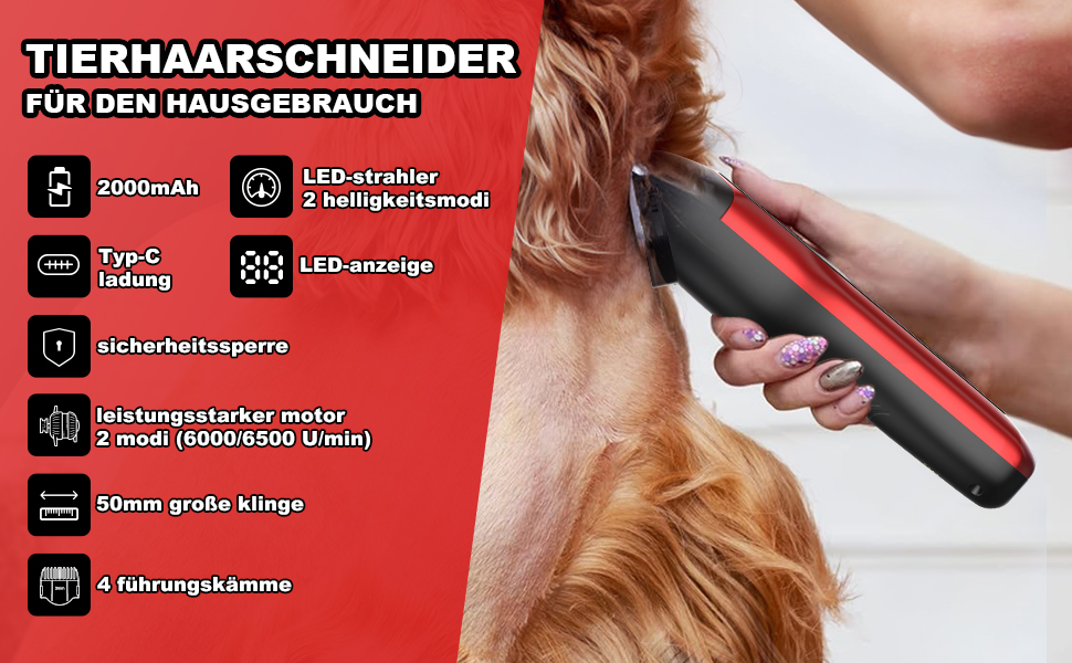 Професійна машинка для стрижки собак та котів з USB-C зарядкою, 2 швидкості, бездротова, для довгого, густого, сплутаного та кучерявого хутра