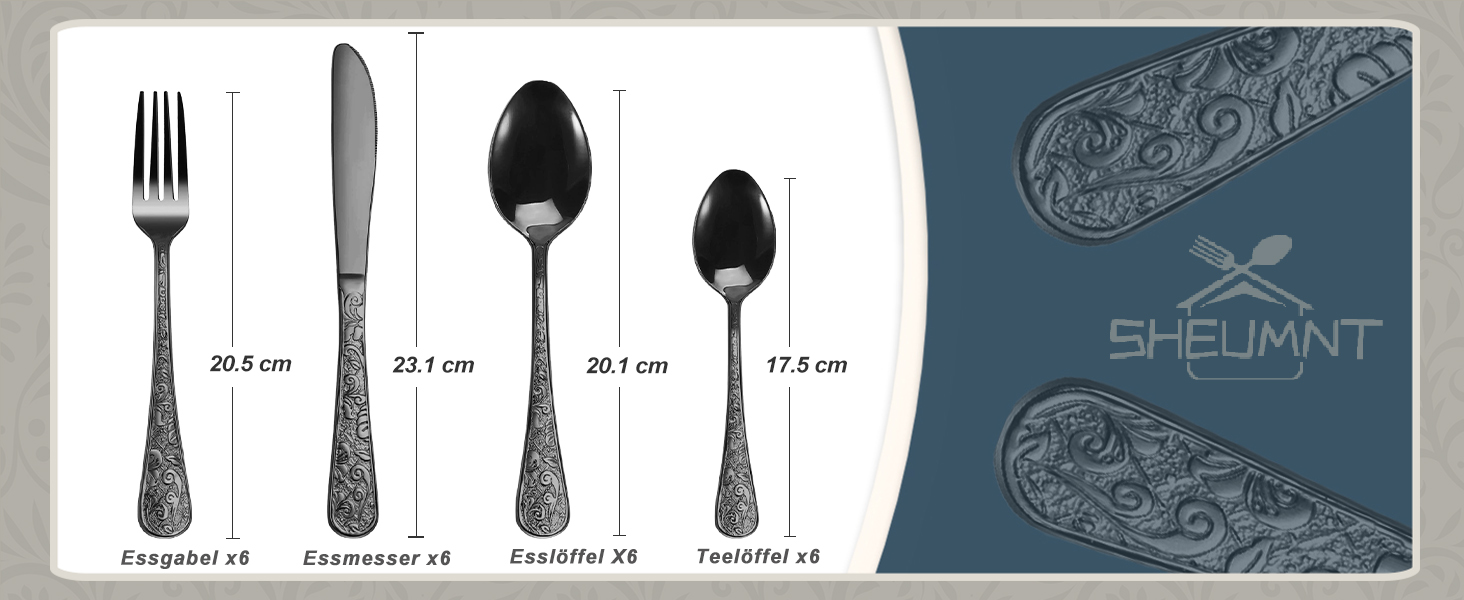 Набір столових приборів з нержавіючої сталі в вінтажному стилі на 6 осіб (чорний, 24 предмети) - ножі, виделки, ложки