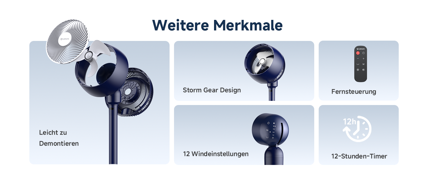 Вентилятор AIRMATE 25dB з підставкою, тихий, висока потужність 26 м, 1600 м³/год, регульована висота, з пультом керування, 3 режими/12 швидкостей/12 таймер