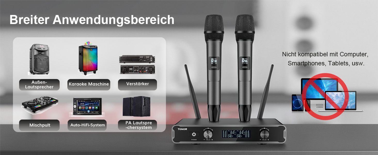 TONOR Система мікрофонів Dual Wireless, бездротова караоке мікрофонна система, 60м радіус дії, сірий колір