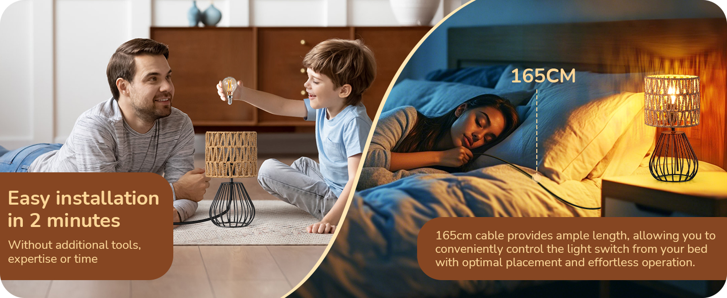 EDISHINE Настільна лампа, сучасний індустріальний дизайн, цоколь E14, вінтажний стиль, для спальні, вітальні, бежево-чорний колір (ротанг + чорний)