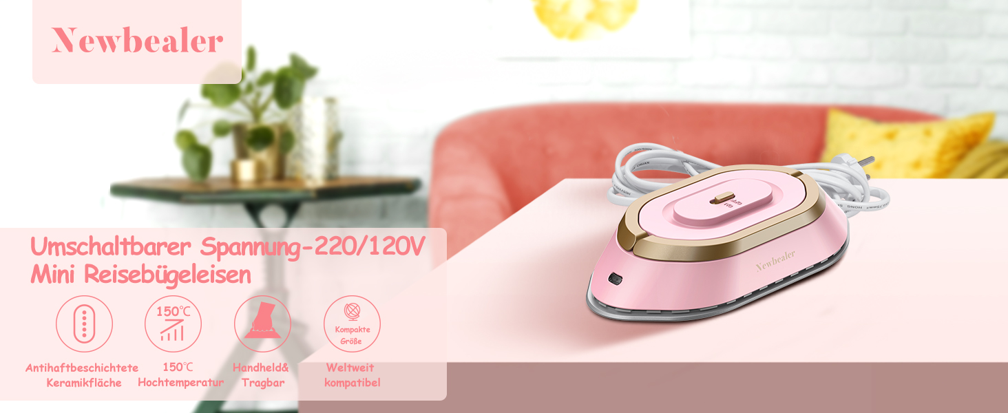 Міні-праска Newbealer для подорожей, 220V/120V, рожева, компактна, керамічна підошва, 150°C, з пульверизатором, сумкою та підставкою