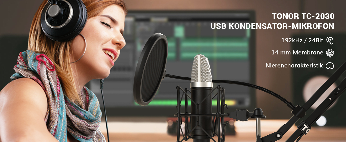 Мікрофон TONOR TC-2030 USB з великою мембраною для ПК, студії, стрімінгу, YouTube, співу, геймінгу. Комплект з мікрофонним штативом. 192 кГц/24 біт.