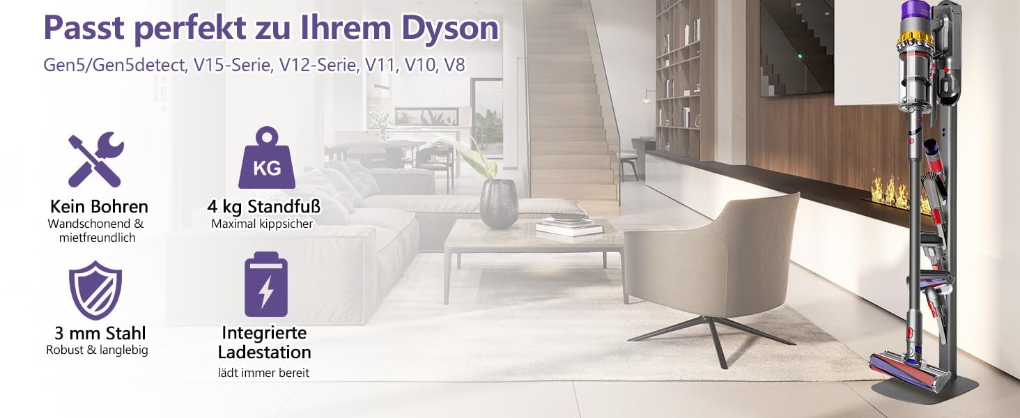 Кріплення та зарядний стан для пилососів Dyson V8–V15 та Gen5 – настінний тримач для акумуляторного пилососа з органайзером для насадок, щіток та кабелю, темно-сірий