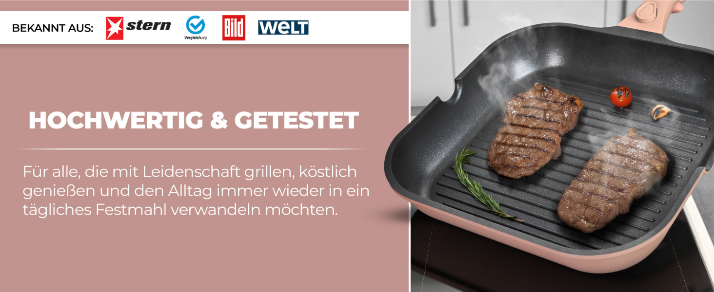Гриль-сковорода NEU 28 см з виливом та знімною ручкою, антипригарна, без PFOA, для індукції, жаростійка, рожева