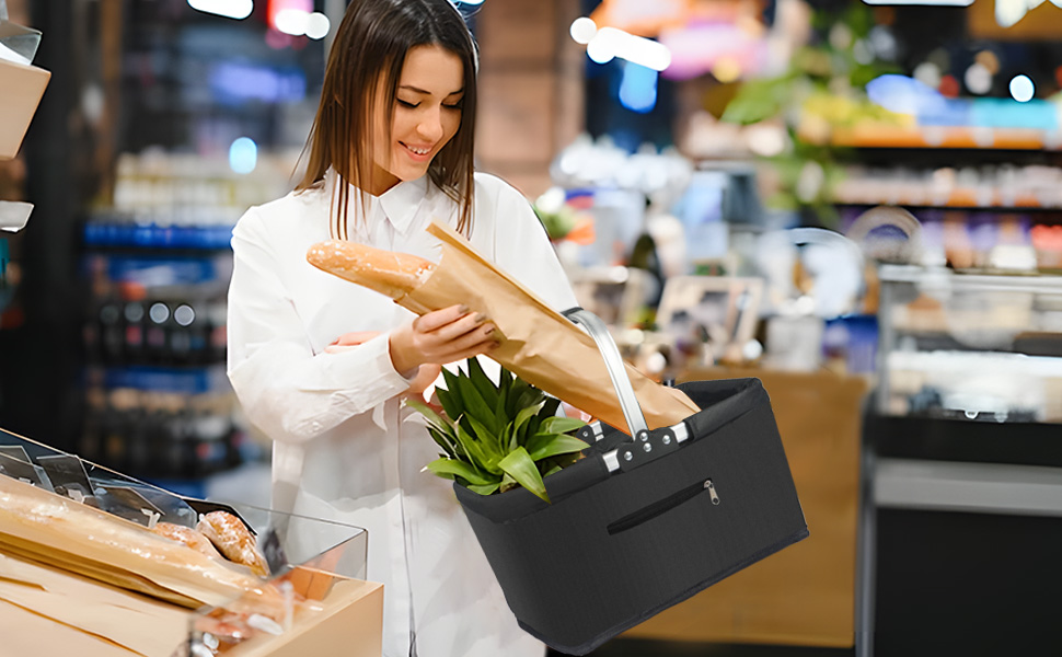 Складаний кошик для покупок 25L з міцними ручками та кишенею на блискавці, чорний