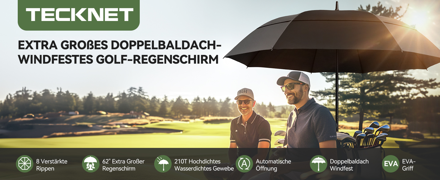 TECKNET Парасолька велика XXL, гольф-парасолька 173 см, штормостійка з подвійною конструкцією, вентильована, з ручкою EVA, для жінок та чоловіків (глибокий чорний, 163 см)