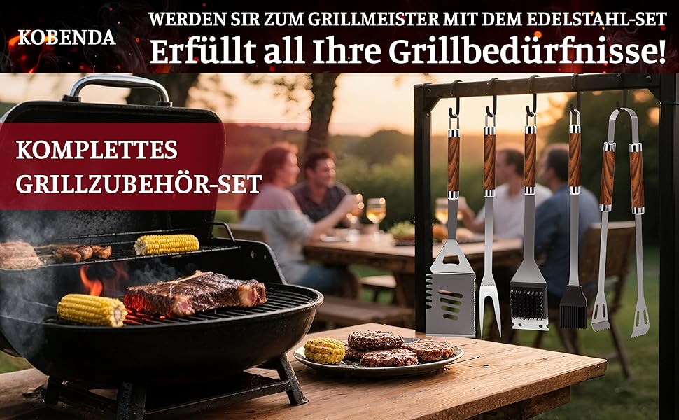 Набір гриля KOBENDA 7 предметів з нержавіючої сталі з чохлом, професійний BBQ аксесуар, ідеальний подарунок для чоловіків