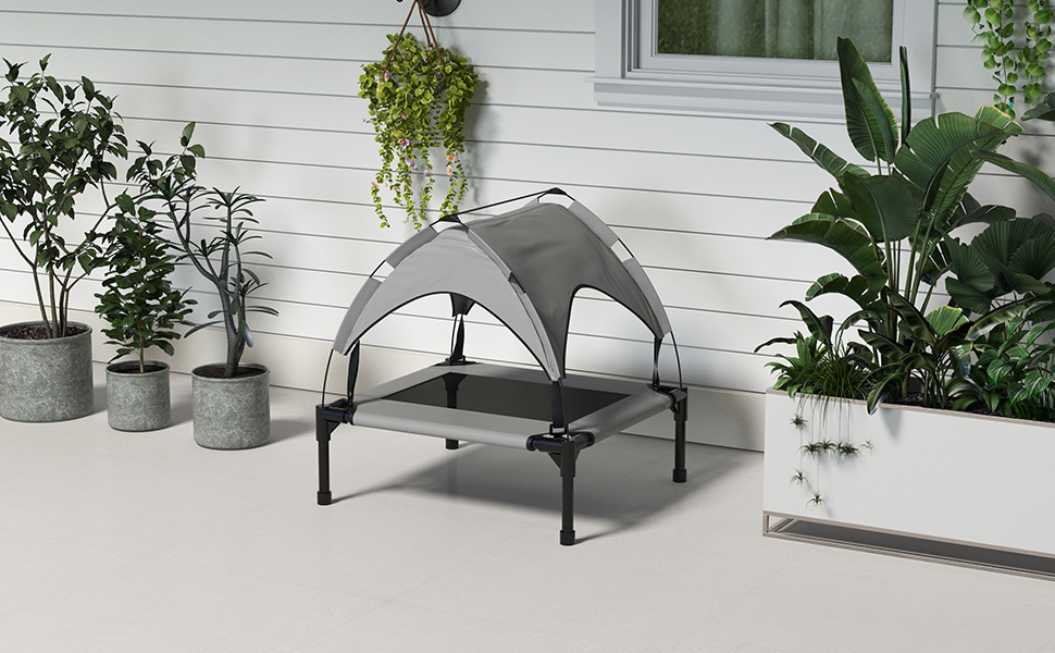 PawHut Підвищене собаче ліжко з балдахіном, для маленьких собак, Outdoor, сірий, 61 x 46 x 63 см