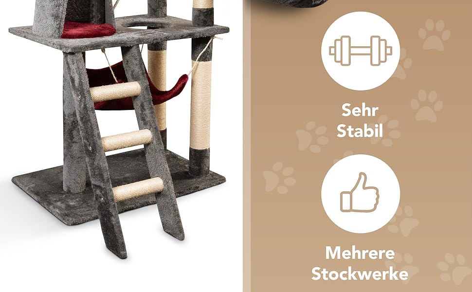 Кігтеточка для котів Foxdevil від xonic® - стабільна, багатофункціональна з платформою, гамаком, будиночком, іграшкою та сходами (141 см, сірий/червоний)