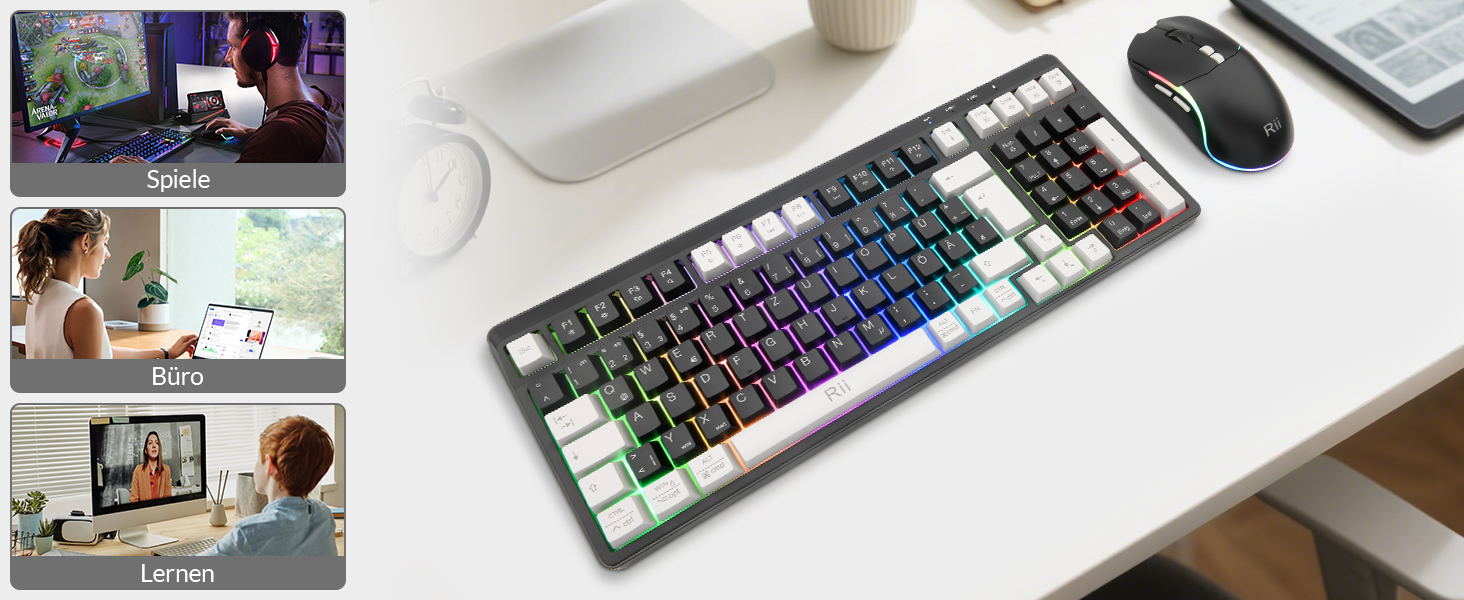 Бездротовий ігровий комплект клавіатури та миші Rii: Bluetooth + 2.4GHz, LED-підсвітка, QWERTZ