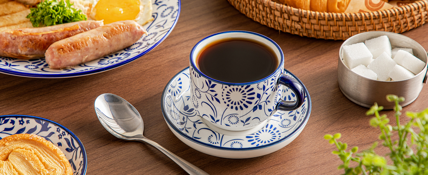 Набір чашок для еспресо Vancasso Selene, 4 шт. - порцелянові чашки з блюдцем та підставкою для капучино, лате, чаю (9.6 x 5.6 см)