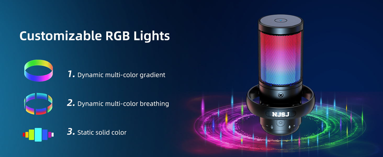 Мікрофон для ПК NJSJ Gaming RGB, для стрімінгу та запису, USB, сумісний з PS4/PS5/Mac, з регулятором гучності, чорний