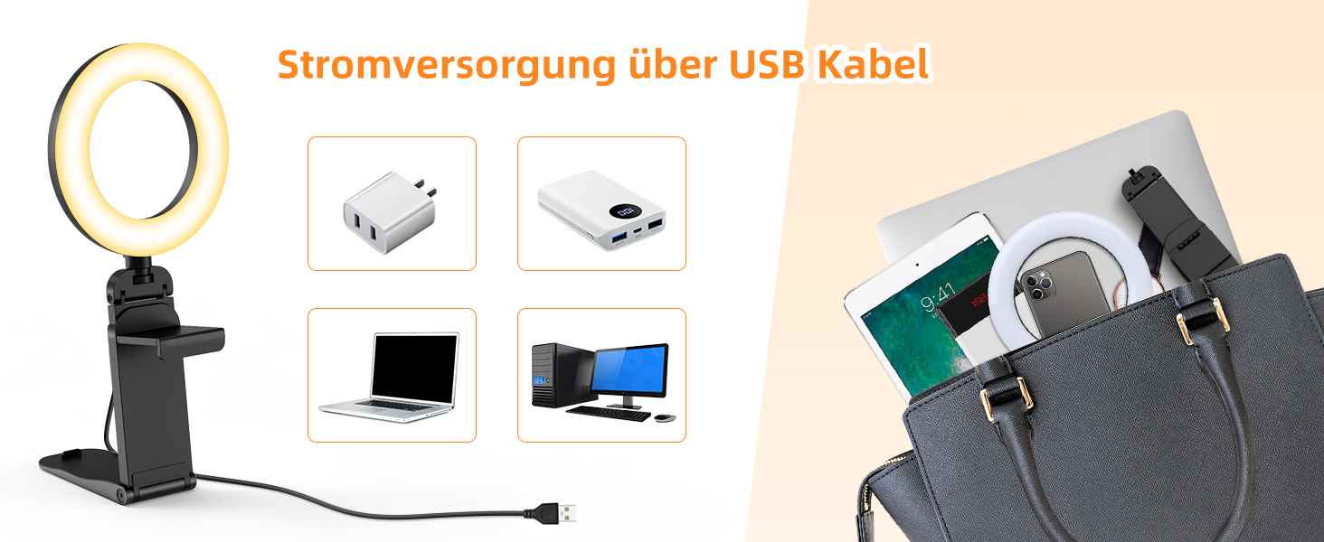 Рінглайт для ноутбука/ПК Evershop 5 дюймів: 3 кольори, 10 рівнів яскравості, регулювання 360°, з триподом та кріпленням для телефону. Ідеально для відеоконференцій, Zoom, стрімінгу.
