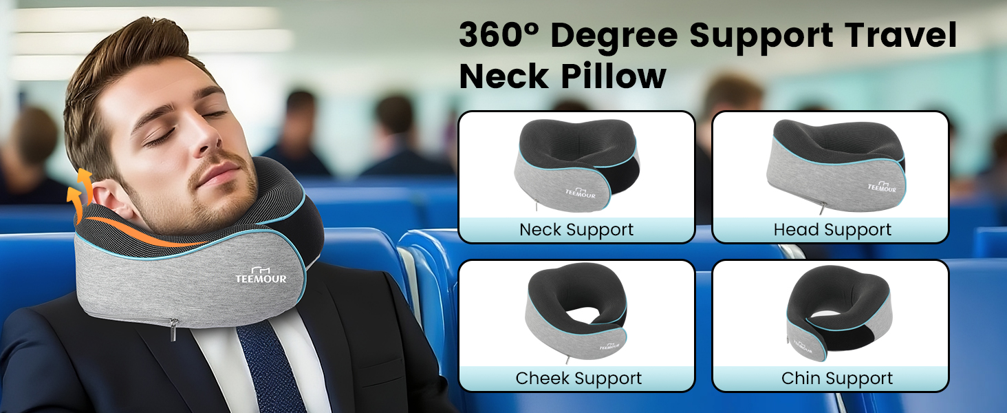Подушка для шиї у літак Memory Foam з підтримкою 360°, набір для подорожей (очна маска, навушники, чохол), сіра
