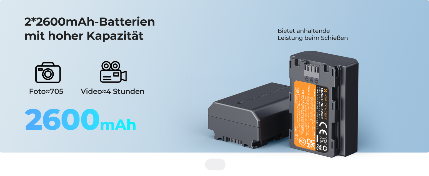 Акумулятори K&F Concept NP-FZ100 2600mAh (2 шт.) з зарядним пристроєм для Sony Alpha A7III, A7IV, A7R III, A7RIV, A7RV, A7C, A7S III, A9, A9II, A6600, A9R, FX3, FX30