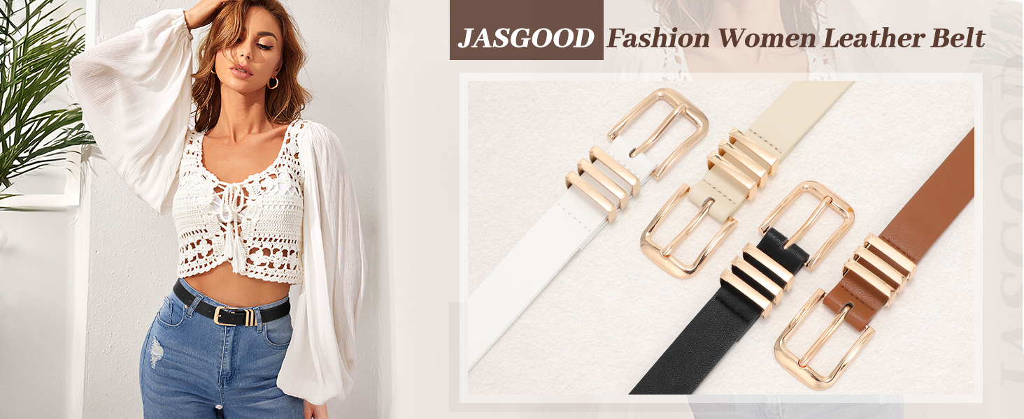 Жіночі шкіряні ремені JasGood (3 шт.): чорний, коричневий, бежевий (з золотою пряжкою), 110 см, для розміру 78-92 см