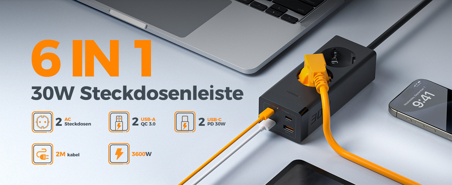 Мережевий фільтр TESSAN 30W USB-C з GaN, 2 розетки, кабель 2м, захист від перенапруги 3600W, чорний