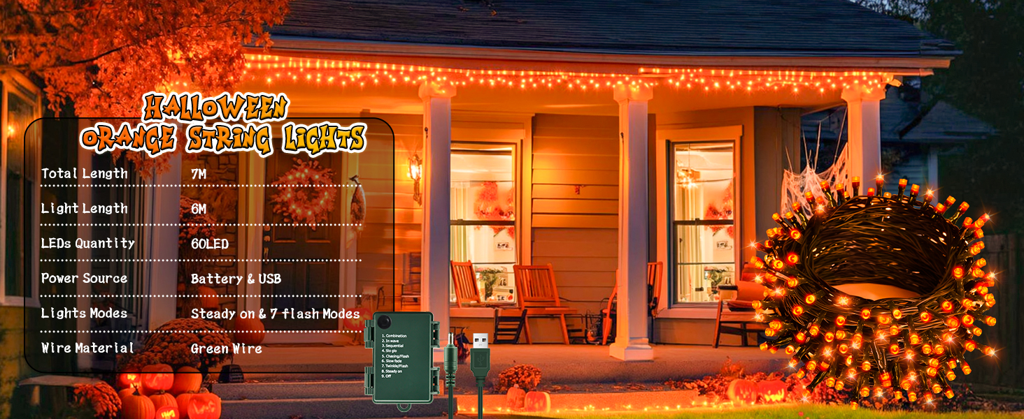 Гірлянда Halloween Cshare, 60 LED, USB/Батарея, Таймер, Водостійка, 6м, Оранжева, для декору саду, дому, на Хелловін