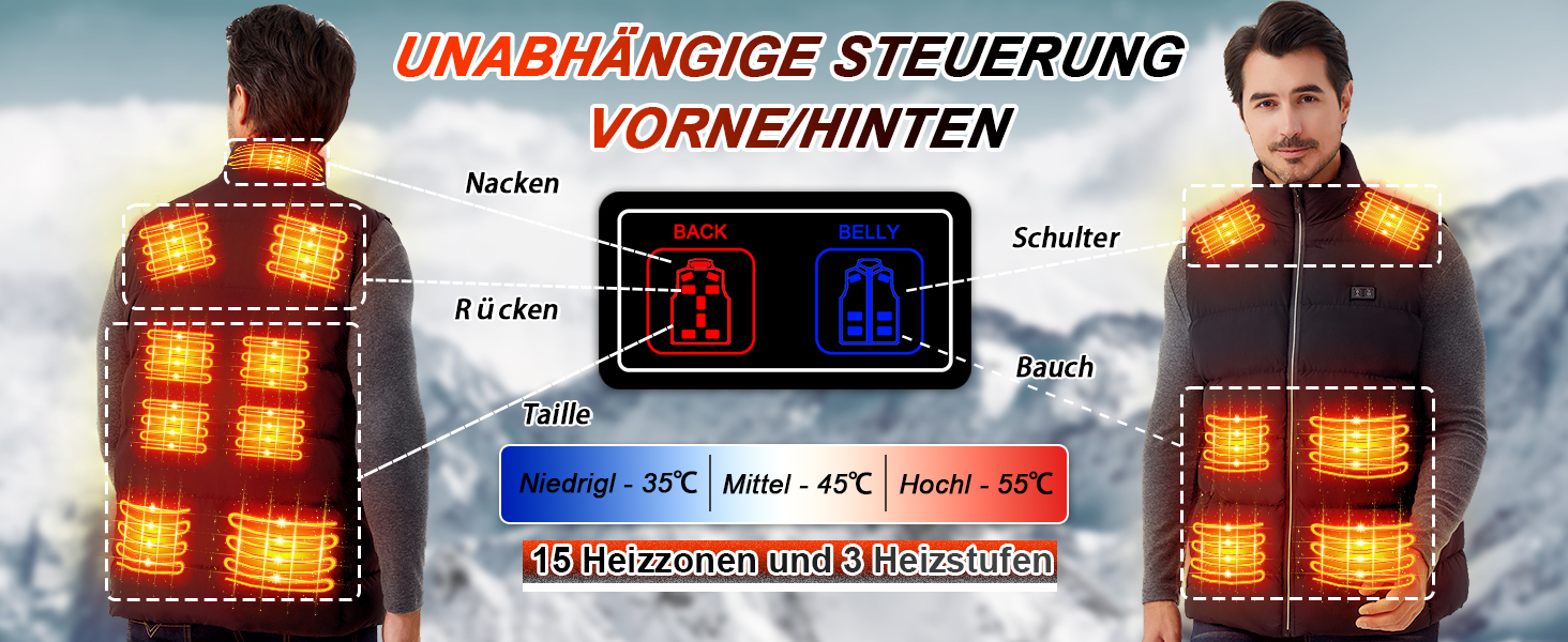 Електрична гріюча жилетка для чоловіків та жінок з 15 зонами нагріву - 3 режими температури, для активного відпочинку, катання на лижах, полювання, кемпінгу (без акумулятора), чорна, XXL