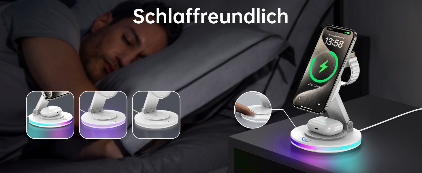 Бездротова зарядка MagSafe 3-в-1: зарядний стан для Apple Watch, iPhone 16/15/14 з нічним світлом, поворотний