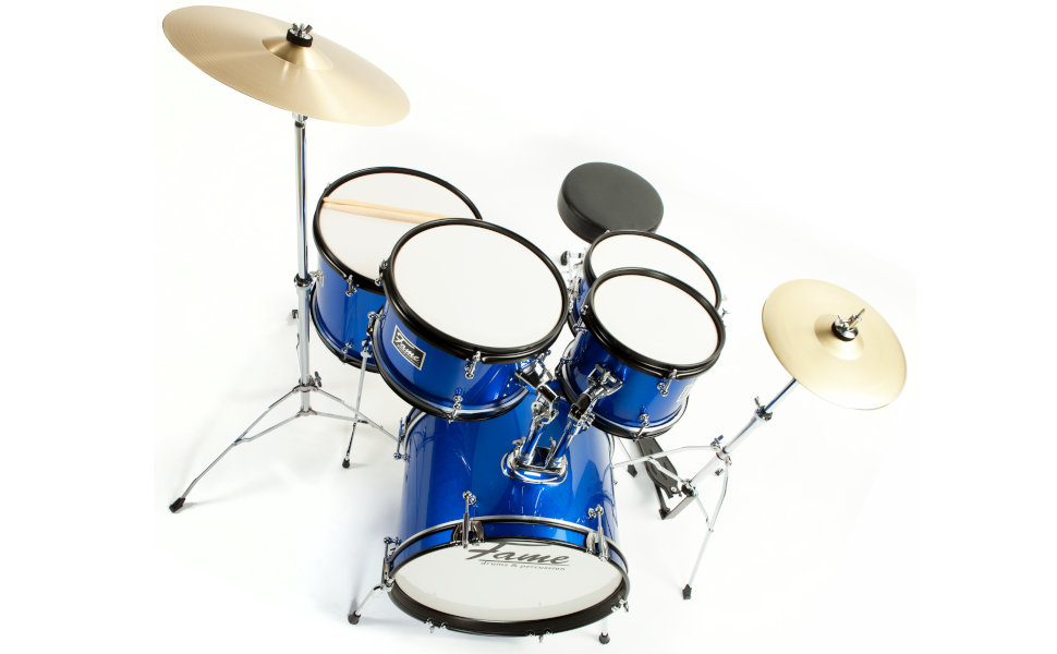 Fame 5-Piece Drum Set Blue: Комплект барабанів з бас-барабаном, томами, малим барабаном, фурнітурою та стільчиком, з аксесуарами та паличками
