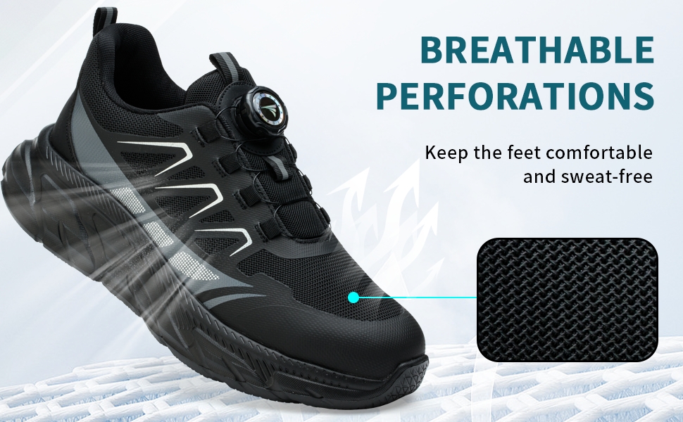 Черевики безпеки для роботи: чоловічі та жіночі, зручні, з металевим носком, легкі, дихаючі, для промисловості, з поворотними пряжками та шнурівками, 42 EU, чорні