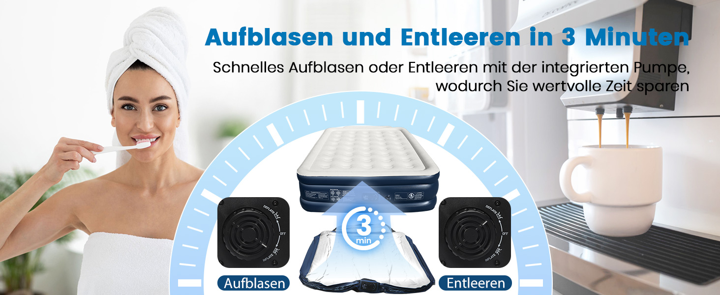 Надувне ліжко для двох осіб, самонадувна повітряна матрац для гостей з вбудованим насосом (3 хвилини), захист від проколів, надувна матрац для кемпінгу та дому, 203x152x46 см, максимальне навантаження 363 кг