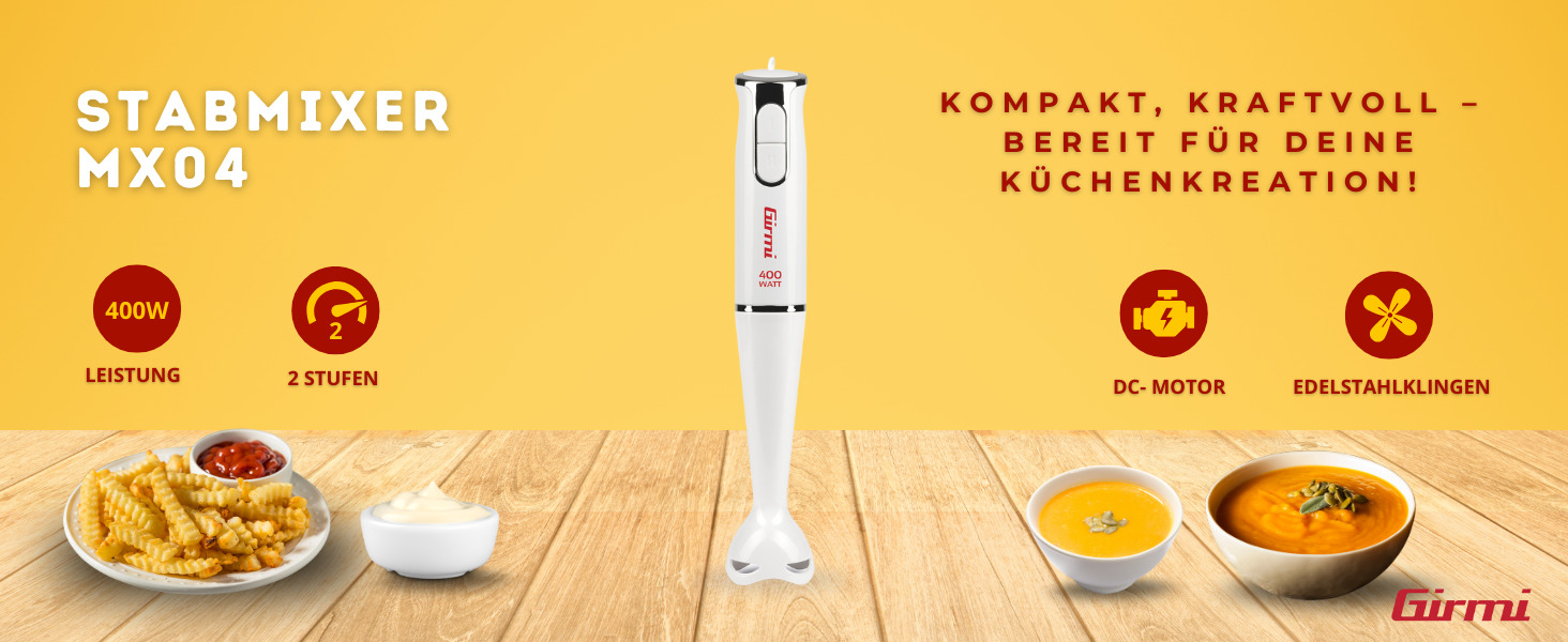 Міксер-блендер Girmi MX17 Stabmixer 3-в-1, 400 Вт, DC-двигун, 2 швидкості, з набором (стакан 700 мл, вінчик), білий/нержавіюча сталь