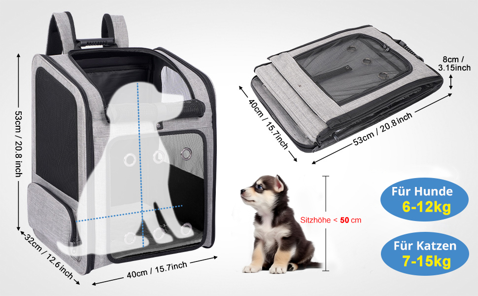 Транспортна переноска для собак та котів великого розміру з колесами, складана, рюкзак для собак до 15 кг, з прозорим вікном, сірого кольору