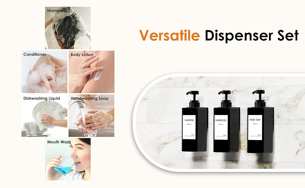 Настінний диспенсер для мила Anhow 3er PETG, 500 мл, чорний, без свердління, з 16 вологостійкими етикетками для кухні/ванної кімнати
