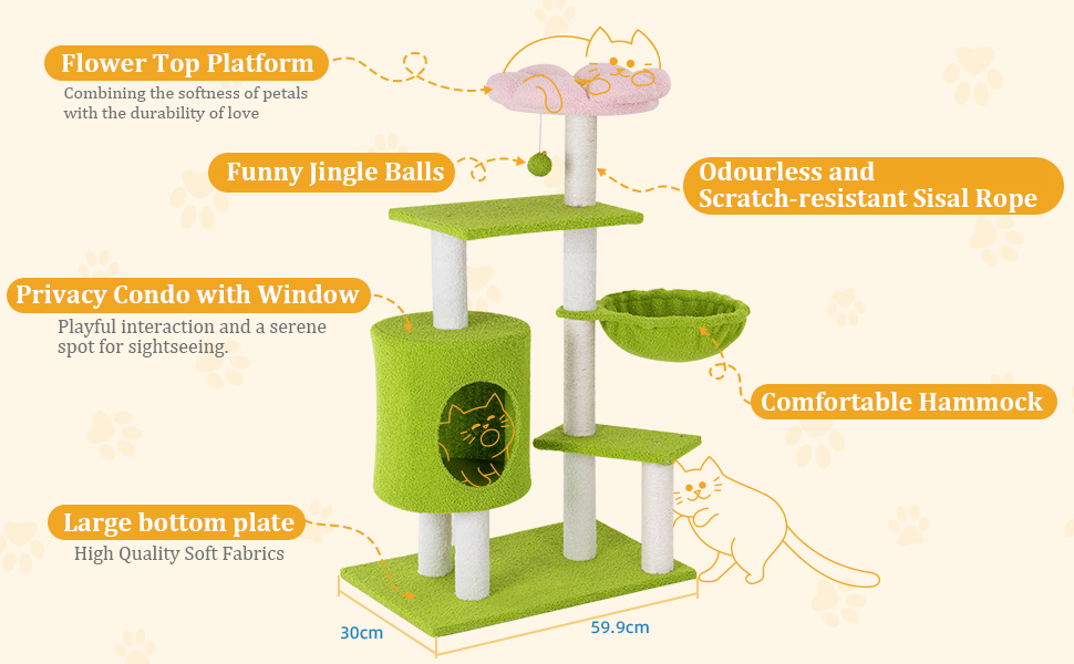 Кігтеточка-будинок для котів з квітами, 104 см, зелено-рожевий. Багатоповерхова кігтеточка з гамаком та будиночком.