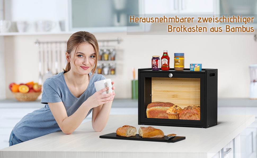 Бротокса Bambus: Бротокса для зберігання хліба з вентиляцією, 2 полиці та велике оглядове вікно, дерев'яний контейнер для хліба, безпечний для харчових продуктів, легкий у догляді, чорний (HX-10336)