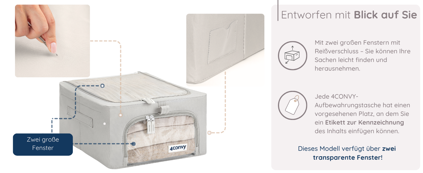 4CONVY Коробка для зберігання одягу з блискавкою та металевим каркасом - 3x24L, сіра, з вікнами (2 шт.) [2024, покращений матеріал]