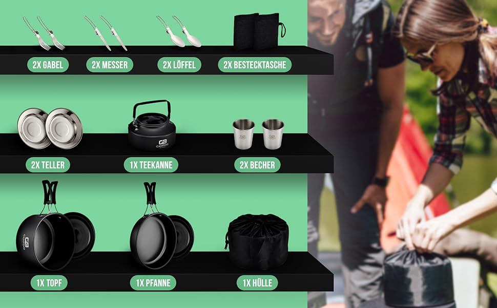 Набір посуду для кемпінгу - кухонний набір для 2 осіб з алюмінію та нержавіючої сталі