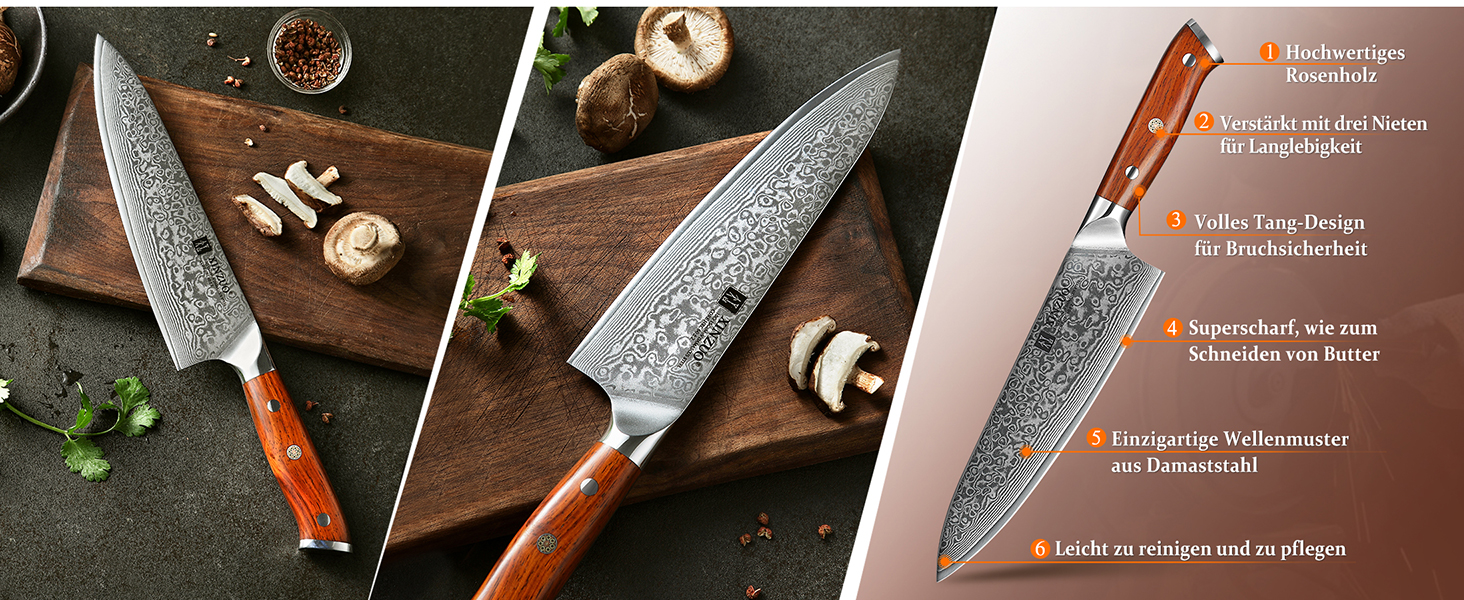 XINZUO 21cm Damascus Chef's Knife - 67 Layer Damascus Steel Gyuto Knife for Meat, Fish & Vegetables - Professional Handcrafted Kitchen Knife with Ergonomic Rosewood Handle