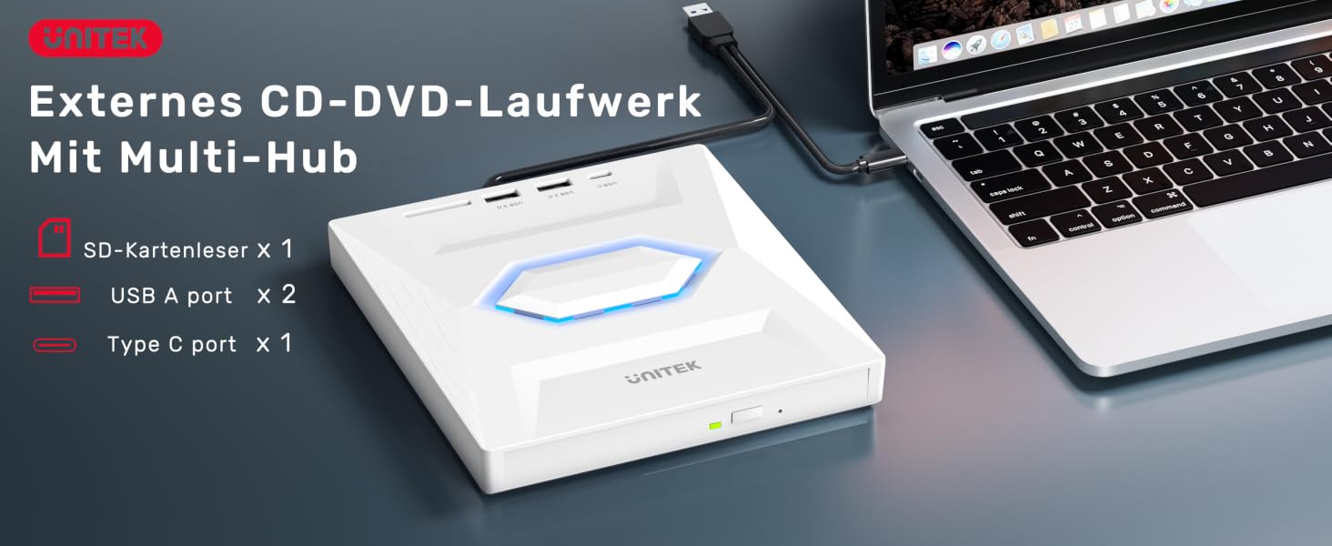 Зовнішній USB-C CD/DVD-привід UNITEK з картридером SD, USB 3.0 хабом та записом CD-ROM, білий — для ноутбуків, ПК (Windows, Linux, macOS)