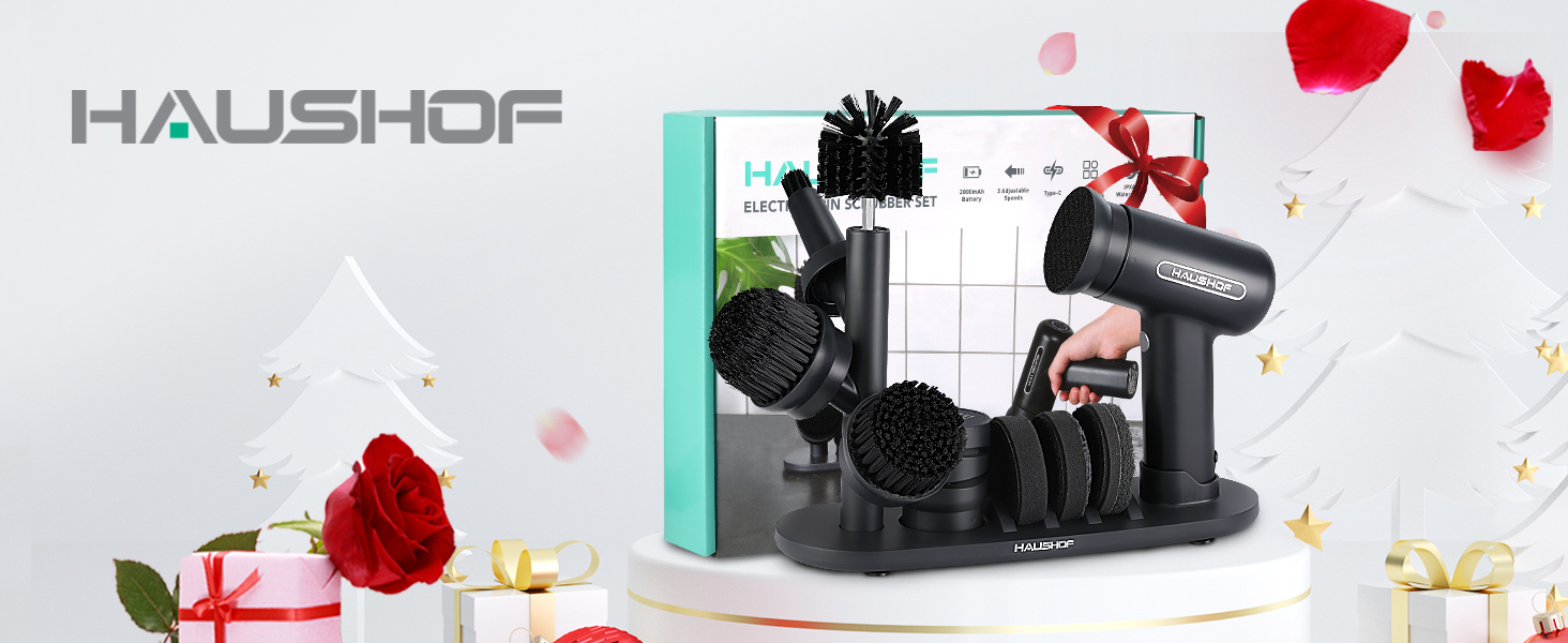 Електрична щітка для прибирання HAUSHOF з акумулятором, підставка, LCD дисплей, 3 швидкості, скрубер з 7 насадками та точилка для ножів, для ванної, кухні, плитки